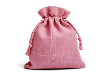 rose colored drawstring bag made of woven fabric sits against white background soft shadow