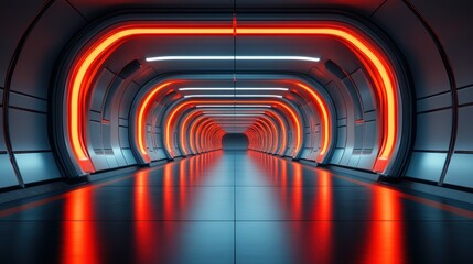 Obraz premium Futuristic Neon Tunnel: A Sci-Fi Corridor of Light and Reflection