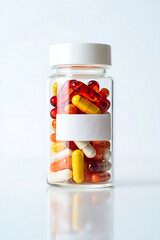 Colorful Medication Bottle with Blank Label on Minimalist Beige Background