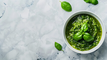 Pesto sauce close-up on a white background, top view with Copy Space