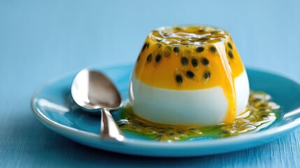 Tropical Delight Panna Cotta with Passion Fruit on Blue.