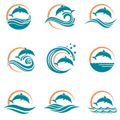collection with emblem of dolphin and sea wave isolated on white background