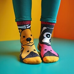 Playful animal print socks on vibrant background. Cheerful design with bear, raccoon faces. Colourful textile pattern accessory. Fun fashion, cute footwear, creative style, playful, modern.