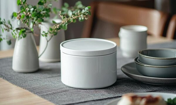 A serene dining setup featuring white dishware and greenery.