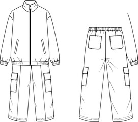men's drawstring waist short pant and jogger bottom flat sketch vector illustration front and back view training tracksuit full zip long sleeve jacket and pants running jogging athletic sports wear 