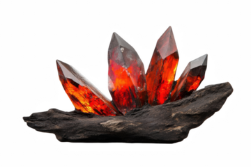 Glowing red crystals on dark volcanic rock formation gem art gems fire on transparent background