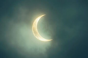 Fototapeta premium A crescent moon shines brightly in a cloudy twilight sky, a celestial scene of serene beauty.