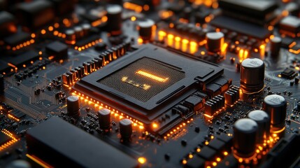 Close-up of a Modern CPU on Motherboard:  High-Tech Circuitry Illuminated