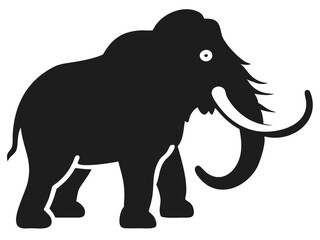 Black silhouette of a woolly mammoth with large tusks on a white background