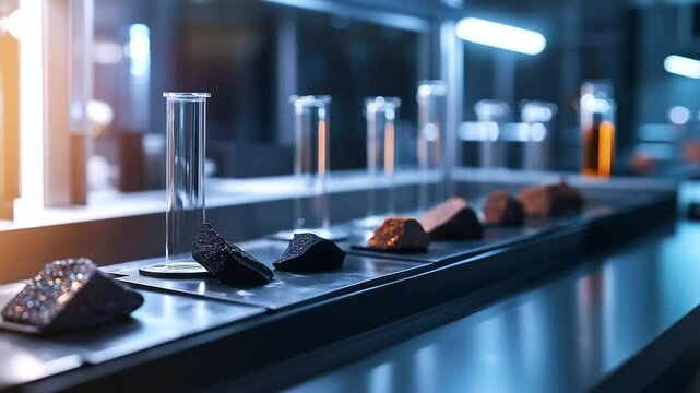 A rich close-up of various rare earth mineral samples placed on a scientist&rsquo;s workstation, under precise lighting to showcase their metallic brilliance and industrial significance.