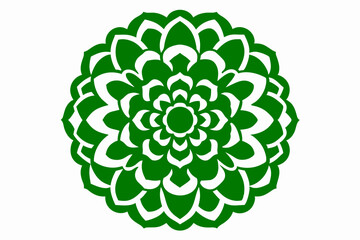 Green and white floral mandala on a transparent background with detailed petal design