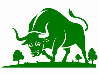 Green bull symbol with trees and grass vector illustration on white background