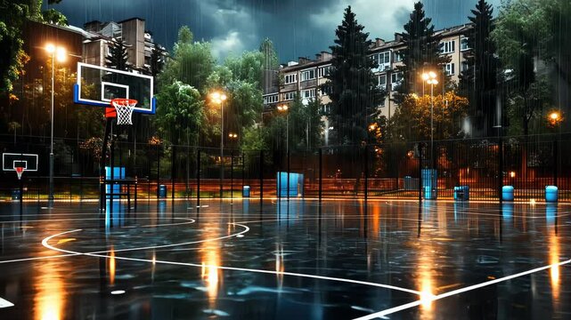 Rainy Basketball Court with Empty Bleachers and Cloudy Sky