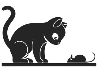 Minimalist black silhouette of a cat observing a small mouse vector illustration