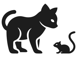 Minimalist black silhouette of a curious cat observing a squirrel vector illustration