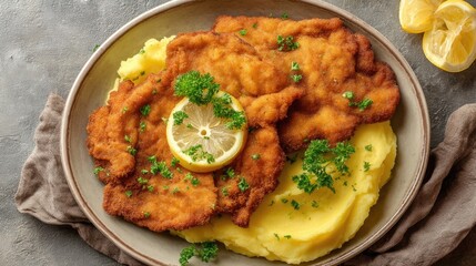 Fototapeta premium Golden Schnitzel Feast Crispy Cutlet with Creamy Mashed Potatoes and Lemon.