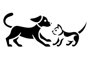 Playful black silhouette design of a cat and dog in interaction vector art