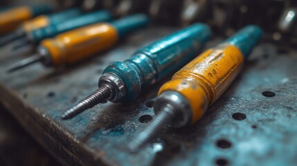 Old, used,  blue and yellow,  tools on a metal workbench
