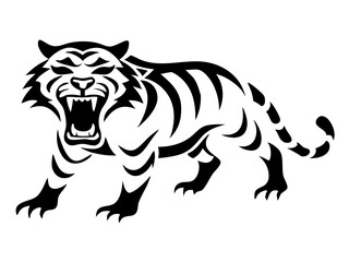 Powerful angry tiger silhouette design with detailed striped patterning and fierce expression