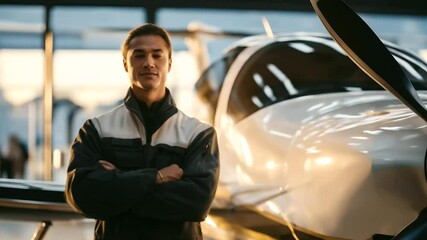 Engineer inspecting advanced light aircraft propeller at hangar