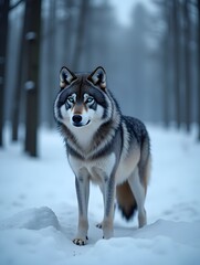 Fototapeta premium AI generated Grey wolf with blue eyes dark fur stands in a snowy forest in Siberian snowy background