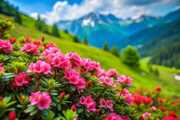 Fototapeta premium Alpenrose flower garden and sky hill on green background