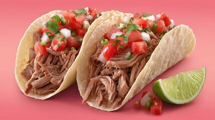 Tasty Tacos Carnitas delight in corn tortillas with fresh pico de gallo.