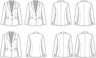 flat sketch set of women's blazer jacket technical cad drawing vector template
