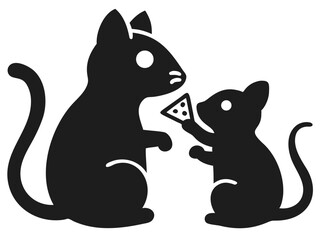 A funny vector silhouette illustration featuring a cat and a rat with cheese