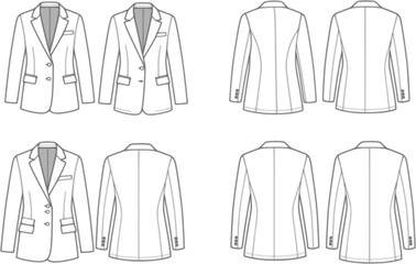 flat sketch set of women's blazer jacket technical cad drawing vector template
