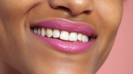 Close-Up of Bright Smile with Pink Lipstick Against Soft Background