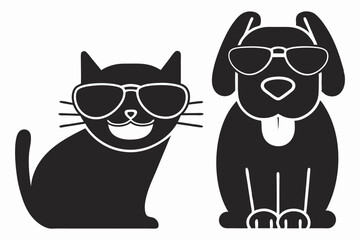 Black and white cartoon cat and dog wearing sunglasses on a transparent background