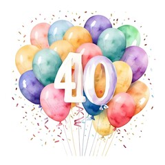 Watercolor Balloons with Number 40 for 40th Birthday Celebration