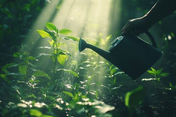 Watering can irrigating plants under sunlight for gardening and agriculture uses