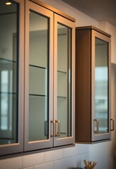 close up of a kitchen cabinet with glass doors