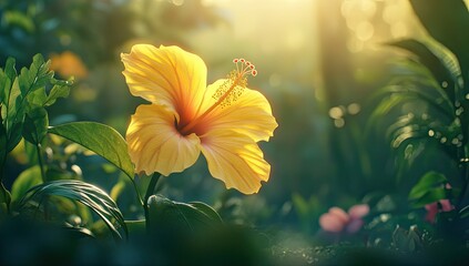 Golden Hibiscus in Lush Jungle