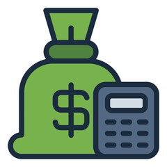 money bag and calculator filled line icon for budget plan