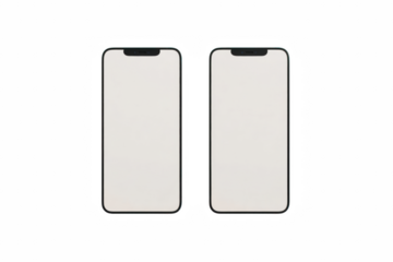 Two modern smartphones with blank white screens isolated on white on transparent background app set