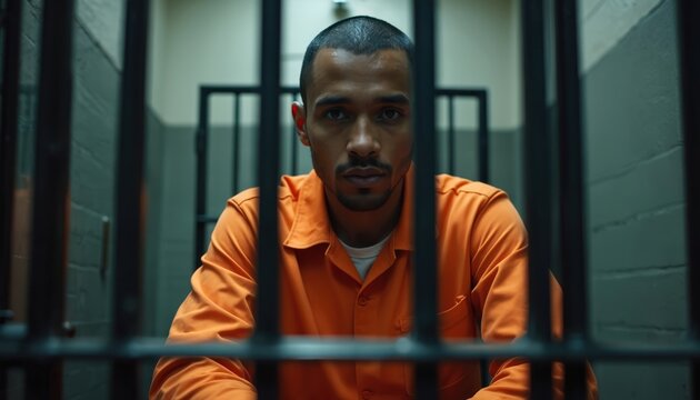 Prisoner in orange jumpsuit sits calmly in cell, surrounded by metal bars. Shadows create somber reflective atmosphere of prison life. Confinement solitude incarceration darkness isolation alone.
