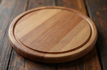 Obraz premium Round wooden cutting board with groove placed on wooden table. Chopping board for serving food. Empty tray for meal. Dark wood background. Kitchenware. Top view.