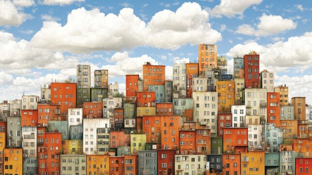 Vibrant dwellings under a whimsical sky a densely packed cityscape of colorful houses beneath a backdrop of fluffy clouds and azure skies