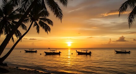 Tropical Island Paradise Scenery Featuring Palm Trees Silhouetted Against a Warm Sunset Sky with Boats Floating Peacefully on the Water