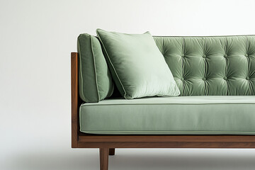 Fototapeta premium Elegant Sage Green Velvet Sofa with Wooden Frame and Pillows
