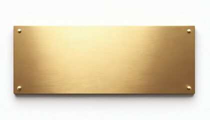 Close up of blank brass nameplate isolated on white. Gold rectangle plate with rivets. Empty metallic surface for text or logo. Ideal for business, office door decor, signage or design.