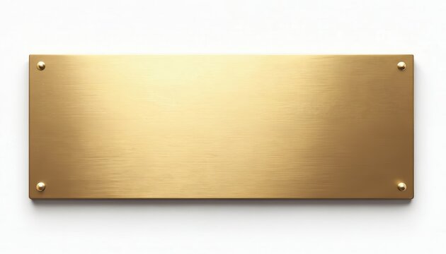 Close up of blank brass nameplate isolated on white. Gold rectangle plate with rivets. Empty metallic surface for text or logo. Ideal for business, office door decor, signage or design.