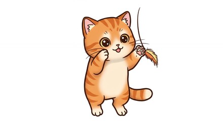 Fototapeta premium Cute ginger cartoon cat playing with toy