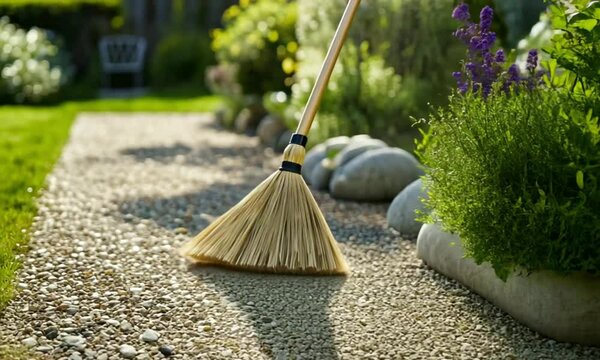 A broom sweeping a gravel path bordered by vibrant flowers.
