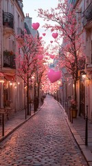 Fototapeta premium Romantic Paris Street with Pink Blossoms and Floating Heart Balloons