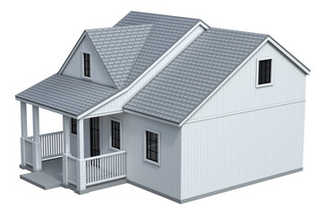 White cottage with porch and dormer window. Isometric view. 3d illustration isolated on white