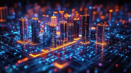 Digital Metropolis: A futuristic cityscape illuminated by vibrant neon lights, showcasing advanced technology and urban infrastructure.